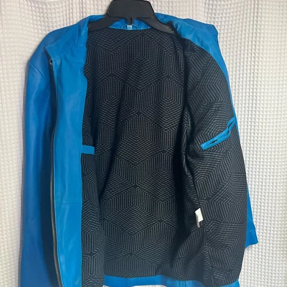 Genuine Leather Distressed Look Cafe Racer Jacket Zip Front & Sleeves Blue Large